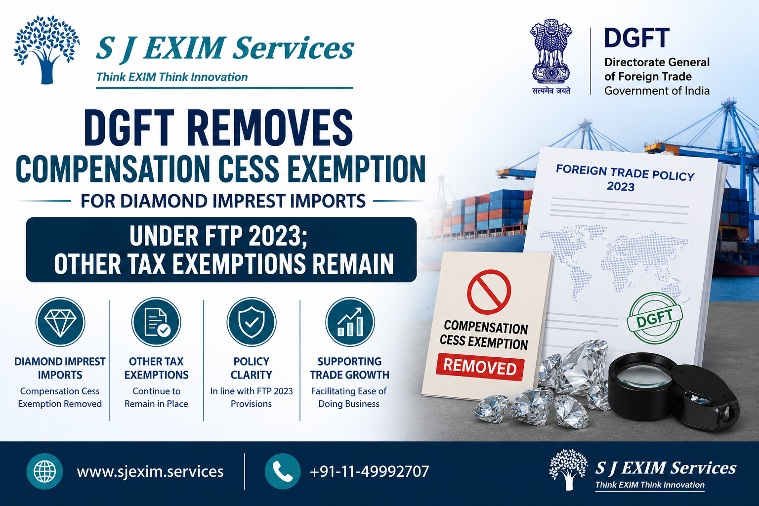 DGFT Removes Compensation Cess Exemption for Diamond Imprest Imports under FTP 2023; Other Tax Exemptions Remain