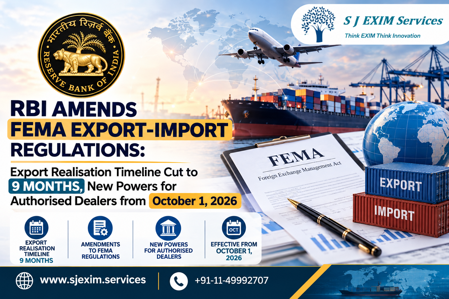 RBI Amends FEMA Export-Import Regulations: Export Realisation Timeline Cut to 9 Months, New Powers for Authorised Dealers from October 1, 2026
