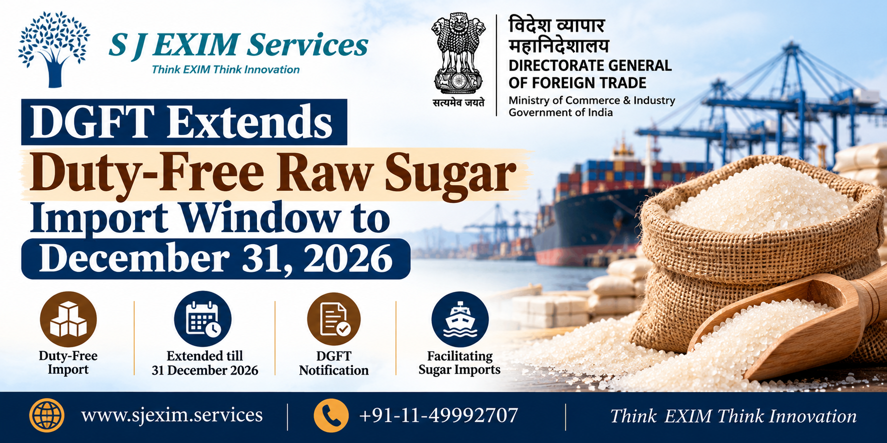 DGFT Extends Duty-Free Raw Sugar Import Window to December 31, 2026