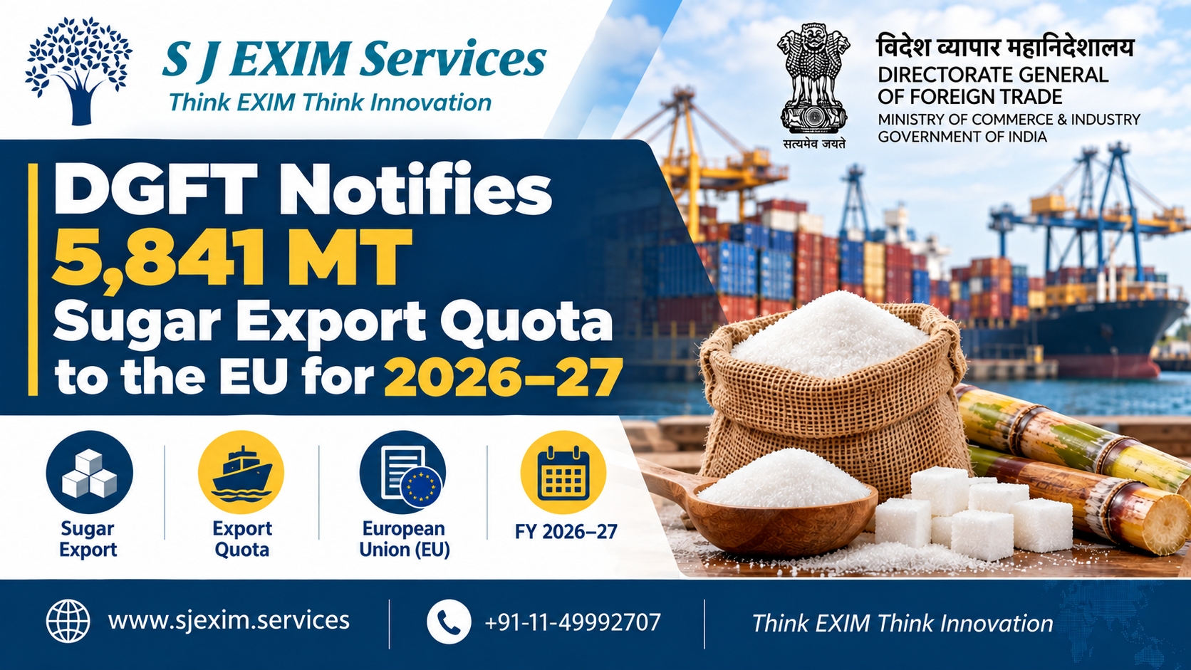 DGFT Notifies 5,841 MT Sugar Export Quota to the EU for 2026β27
